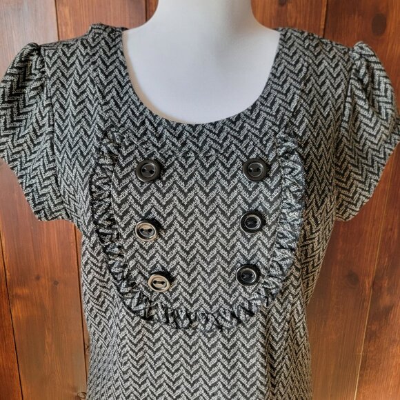 Retro Indie Twee Women L Black Gray Chevron Mini Dress Ruffle Bib Panel 2000s - Picture 5 of 14